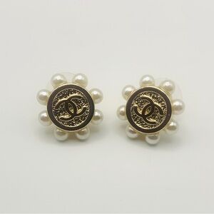 Chanel Pearl Cluster Gold-tone Round Logo Earrings